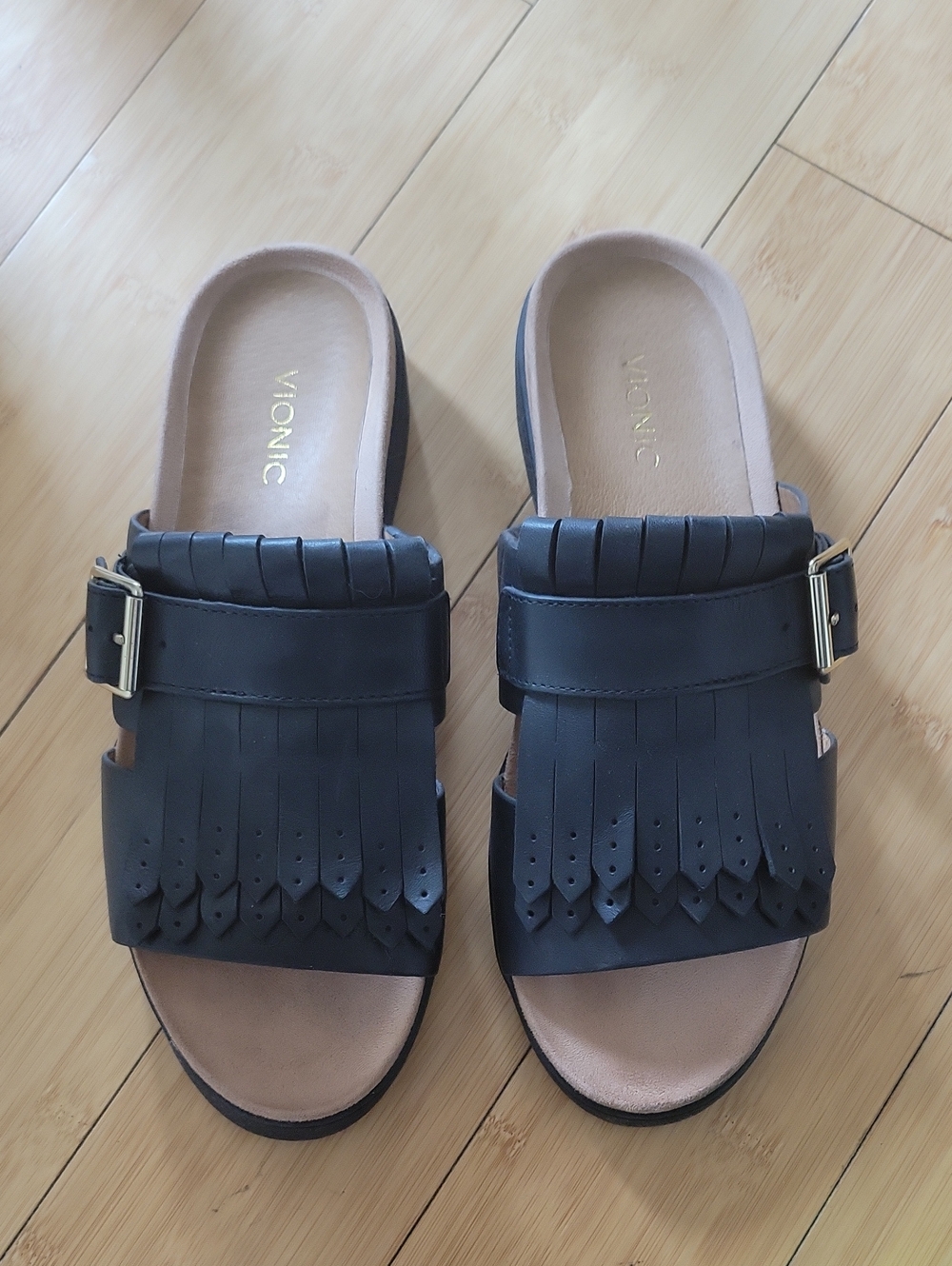 Vionic Black Leather Fringe Slide Mules with Buckle